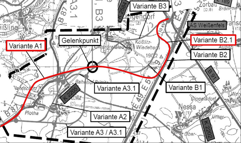 Aktuelle Vorzugsvarianten für die B 87 OU Weißenfels (B2.1) und OU Plotha/Plennschütz (A1) als Ergebnis der Voruntersuchung und Abstimmung mit dem BMDV