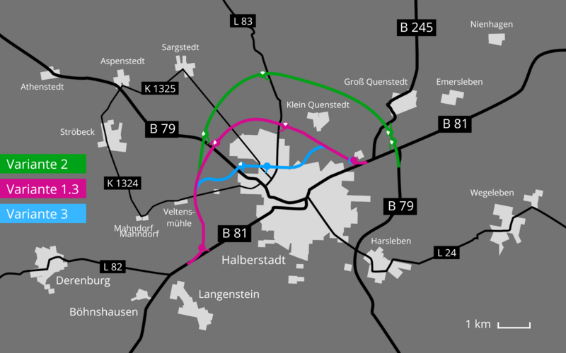 Skizze möglicher Verläufe der Ortsumgehung Halberstadt